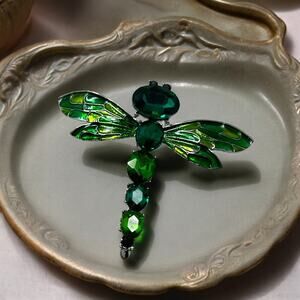 Emerald, Green May Rhinestone Dragonfly Brooch Pin Enameled Statement Gift Mom